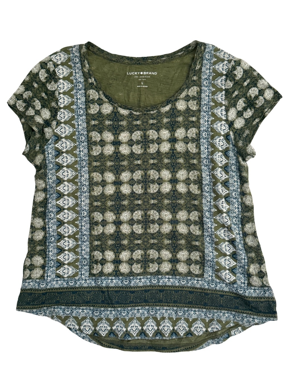 Lucky Brand L Olive Green Blue Boho Border Print Short Sleeve Top